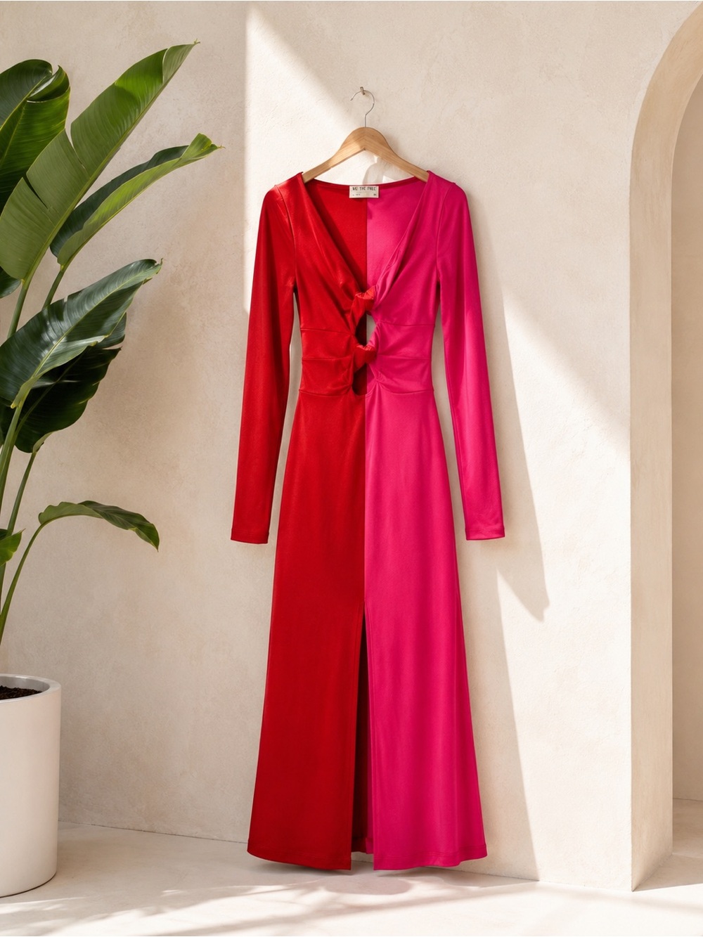 🦄 HARD TO FIND Free People Colorblock Twist Front Maxi Dress Pink Red M NWOT